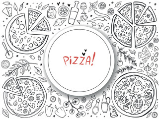 Pizza and ingredients isolated on white background. Doodle. Vector illustration. Perfect for food menu design template.