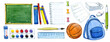 Clip art school supplies. Painted with watercolor paints: blackboard, notebooks, textbooks, rulers, backpack, paints, basketball, etc. Back to school.