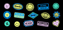 Trendy Patches Vector Design. Cool Abstract Background With Smiley Stickers, Flowers And Motivational Quotes. Good Vibes, Wow, Be Kind, Don't Worry Smile Badges.	
