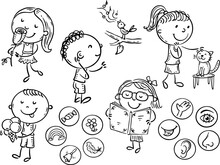 Line Drawing Of Children Showing Five Senses: Smell, Hear, Sight, Taste, Touch