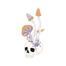Hippie Groovy Halloween Skull Flowerpot With Mushrooms Spider Vector Illustration Isolated On White. Retro 70s 60s Braincase Skeleton Dead Head Pot Print For T-shirt Design.