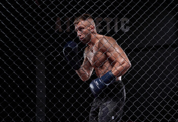 Wall Mural - Dramatic image of a mixed martial arts fighter standing in an octagon cage. The concept of sports, boxing, martial arts.