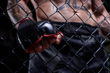 Wall Mural - Dramatic image of a mixed martial arts fighter standing in an octagon cage. Powerful abdominal muscles. The concept of sports, boxing, martial arts.