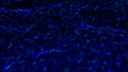 Poster - Wave of particles. Futuristic dots pattern on dark background. Big data digital code. Technology or Science Banner. 3D rendering