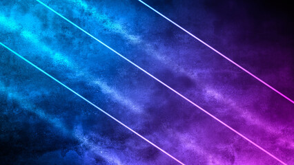 colorful neon lines in smoke on the background of an old concrete wall, purple and blue lights in cy