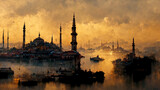 Fototapeta Nowy Jork - Istanbul Silhouette on Sunset Background Composition