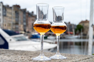 Tasting of apple calvados drink in old Honfleur harbour with boats and old houses on background, Normandy, France