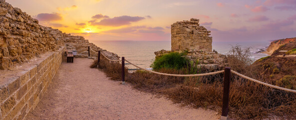 Wall Mural - Sunset, crusader fortress and Mediterranean Sea, Apollonia National Park