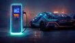 © Zaleman - EV charging station for an electric car in the concept of the future in the style of cyberpunk. The futuristic car of the future is charged with electricity. 3d render