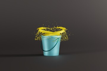 Poster - Bucket with a splash of yellow paint. Painting concept. Refreshing the apartment, renovation. 3D render, 3D illustration.