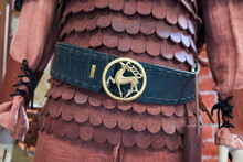 Leather Mail And Scythian Leather Belt With Deer Buckle .