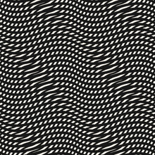 Vector Monochrome Seamless Pattern With Distorted Grid, Lattice, Mesh. Simple Abstract Background With Optical Illusion Effect. Op Art Texture. Warped Surface. Black And White Repeat Endless Design