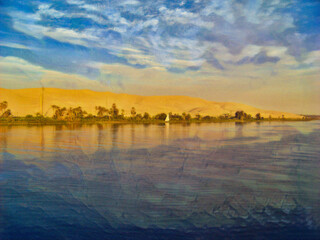 Poster - Along the Nile River in Egypt, with blue water, blue sky, and the bright white sail of a small boat.  With a thin strip of greenery and dunes behind the line of green.