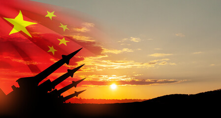 Wall Mural - The missiles are aimed at the sky at sunset with China flag. Nuclear bomb, chemical weapons, missile defense, a system of salvo fire. 3d-rendering.