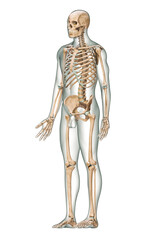 Wall Mural - anterior three_quarter view of accurate human skeletal system with skeleton bones and adult male bod