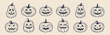 12 Halloween Pumpkin Icons Set. Vintage Funny Pumpkins Isolated On White Background. Monsters Faces. Design Elements For Logo, Badges, Banners, Labels, Posters. Vector Illustration