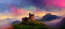 Explore Imaginative Scottish Castles And Ruins In Dreamy Surrealism, Scenic Background Mountain Landscapes In Cloudy Emotive Fog. Enchanted Lands And Fantasy Colors - Digital Paint Stylization Series.