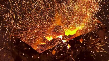 Poster - Particles of burning coal fire flames jump up with red flakes