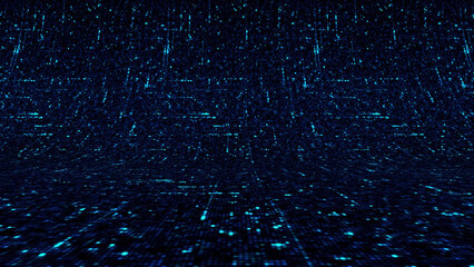 Poster - Circuit board dark blue background with running impulses, computer, microchip nano technology concept. Animation. Bended texture with moving straight pixelated lines.