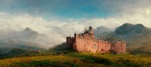 Explore Imaginative Scottish Castles And Ruins In Dreamy Surrealism, Scenic Background Mountain Landscapes In Cloudy Emotive Fog. Enchanted Lands And Fantasy Colors - Digital Paint Stylization Series.
