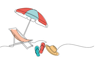 Wall Mural - Continuous line drawing of summer vacation concept, sandy beach, beach umbrella, lounge chairs, straw hat and flip flops on tropical beach in single line doodle style. Editable strokes.