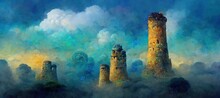 Ancient Towering Stone Monolith Pillars, Shrouded In Mysterious Cloudy Fog And From Unknown Origin. Surreal Dreamscape That Is Intriguing To Behold.  