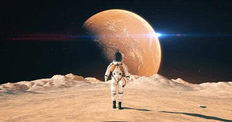 Wall Mural - astronaut walking on a planet surface. making first steps. mars colonization concept. space related 
