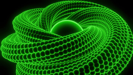 Poster - Swirling spiral around sphere. Design. 3D cord twists endlessly into center. Neon spiral swirls around sphere. 3D spiral of many points rotates inside center