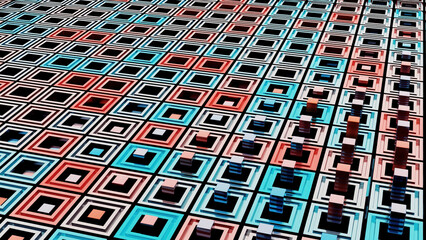 Poster - Abstract colorful surface with square shaped holes and growing pillars from each of them. Design. 3D texture with colorful rectangles.
