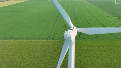 Wall Mural - Aerial view of single Wind Turbine on green corn field. Slow motion, afternoon light. Renewable energy sources