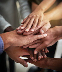 Poster - Hands of group of corporate business people in unity for motivation, success and showing teamwork. Team of workers, employees and colleagues piling hands together for support, trust and victory