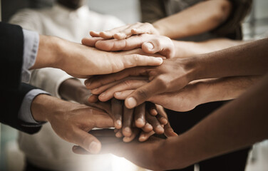 Poster - United corporate team of people with hands together. Office, support and colleagues working in the company. Success, confident and diverse closeup of professional group in the business.