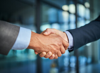 Sticker - Handshake and teamwork with hands of two corporate and professional business colleagues or coworkers. An agreement, deal or partnership between merging companies to unite together and achieve success