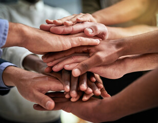 Poster - Diverse hands in unity, support and teamwork at a business or company that is winning. Group of corporate employees, colleagues and coworkers in trust, victory and motivation together
