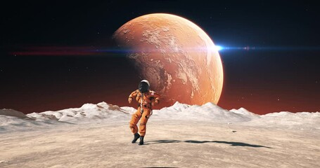 Wall Mural - happy male astronaut on the surface of an alien planet. red planet is visible in sky. celebrating hi
