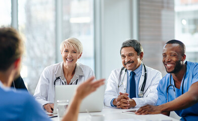Poster - Unity, teamwork and happy health care workers having a meeting in a conference room. Diverse doctors discussing modern treatments and innovation, brainstorming to find a cure for sickness and disease