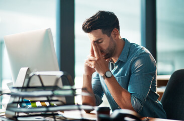 Aufkleber - Stressed businessman with pain, headache or stress while working at office and looking tired exhausted and unhappy. Corporate worker feeling burnout and overworked failing to reach a deadline crisis
