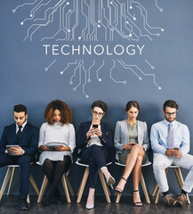 Poster - Connected, communication and network of diverse businesspeople using technology, waiting for an interview. Professional group sitting in a row, applying for an International job