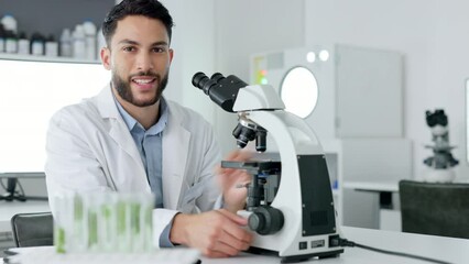 Aufkleber - Innovation, science and medical research in a lab with a confident scientist. Portrait of a handsome health care professional conducting experiments with a microscope, cure or treatment discovery