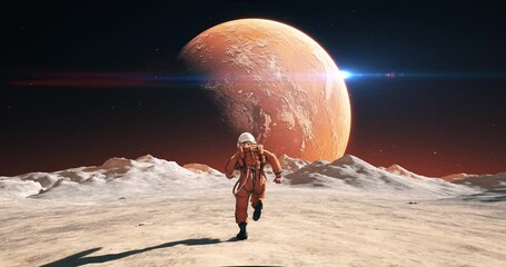 Wall Mural - male astronaut in space suit running on alien planet. planet mars is visible. space related majestic