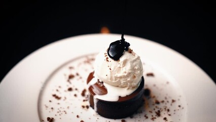 Poster - View of chocolate pouring on vanilla ice cream in white plate