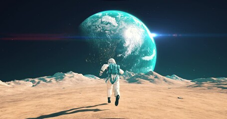 Wall Mural - brave astronaut running in slow motion on an alien planet. beautiful earth in sky. space related maj