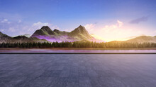 Empty Concrete Floor With Mountain And Blue Sky Lake View. 3D Rendering Background For Car Park.