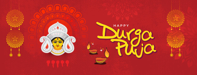 Wall Mural - Happy Durga Puja Festival Celebration Banner Background Template Design with Goddess Durga Face Illustration