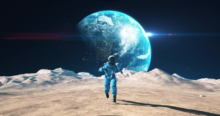 Wall Mural - brave astronaut running on the surface of the moon among craters. planet earth is visible in sky. sl