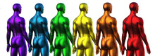 3D Render. Row Of Naked Multicolored Men Stand With Their Backs Against A White Background. 