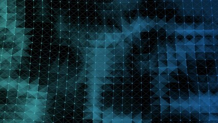 Wall Mural - 3d wireframe grid with wave, slow motion render video, connected points with lines, randomly flowing bright dots with triangular geometry polygona, data, calm and relax, plexus, cyberspace backdrop