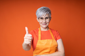 Wall Mural - adult woman in glasses in an apron with a hand gesture