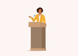 © simplehappyart - One Black Businesswoman Standing At A Podium Giving Speech. Full Length. Flat Design Style, Character, Cartoon.