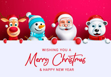 Christmas Greeting Vector Template Design. Merry Christmas Text In White Space With Xmas Characters Of Santa Claus, Reindeer And Snowman For Holiday Season Messages. Vector Illustration.
